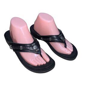 Minnetonka Women's Silverthorne Thong Sandals Size 9 Black Leather Southwestern